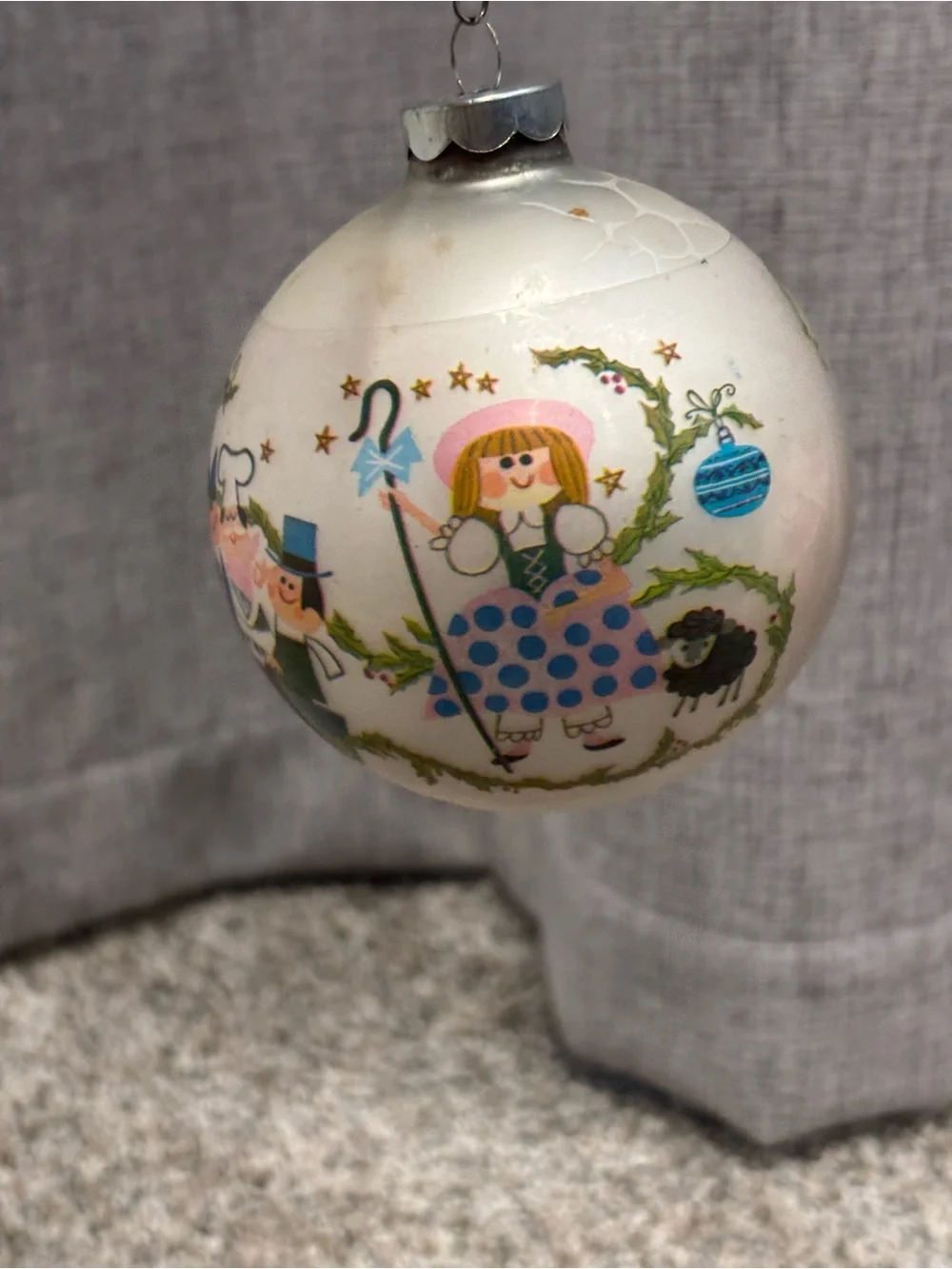 Vintage Corning Glass Whimsical Nursery Rhymes Round Multicolor Glass Ornament